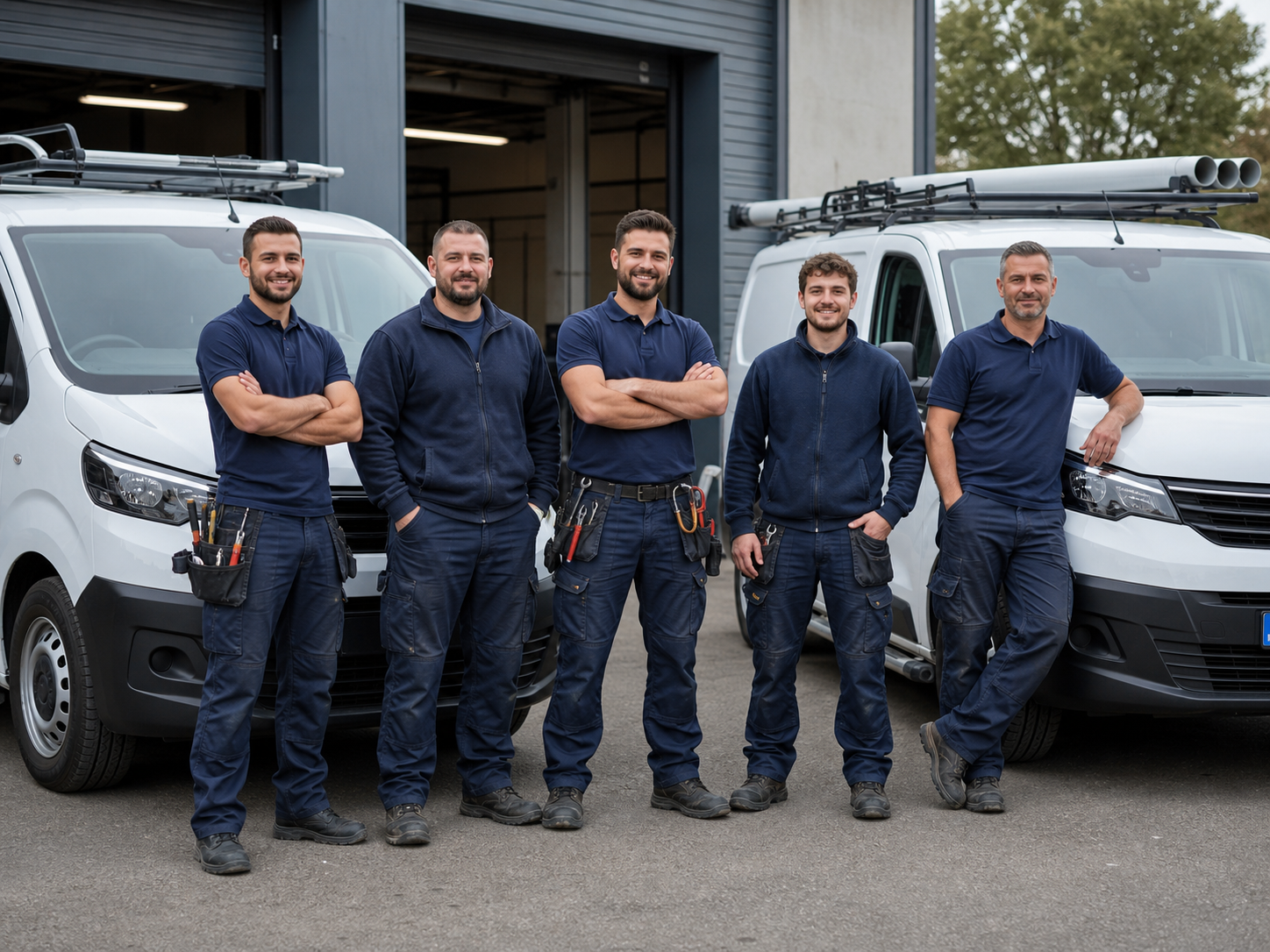 Équipe de techniciens plombiers devant leurs véhicules